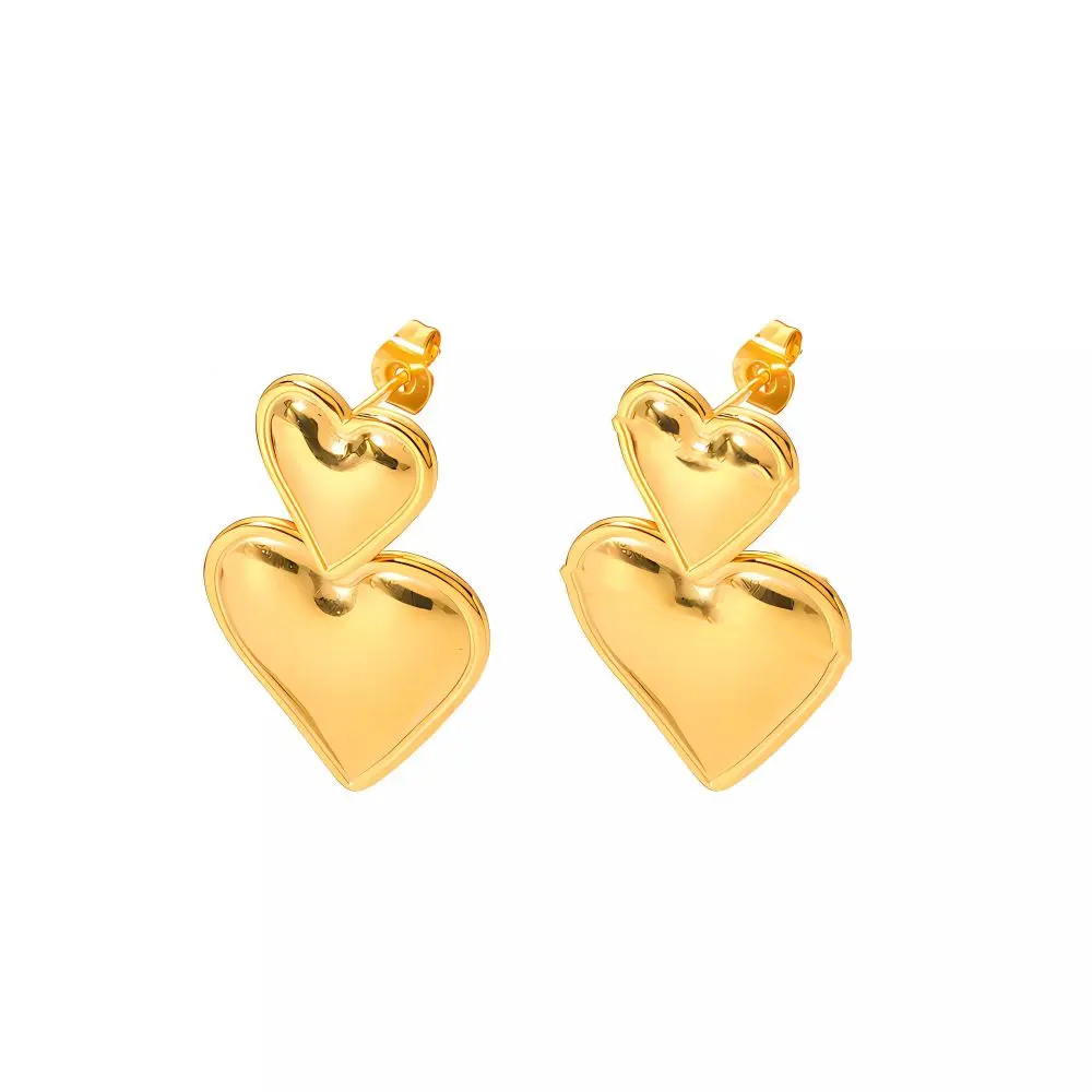 1 Pair Sweet Fresh Style Double Heart Shape Enamel Stainless Steel 18K Gold Plated Women's Drop Earrings h5 